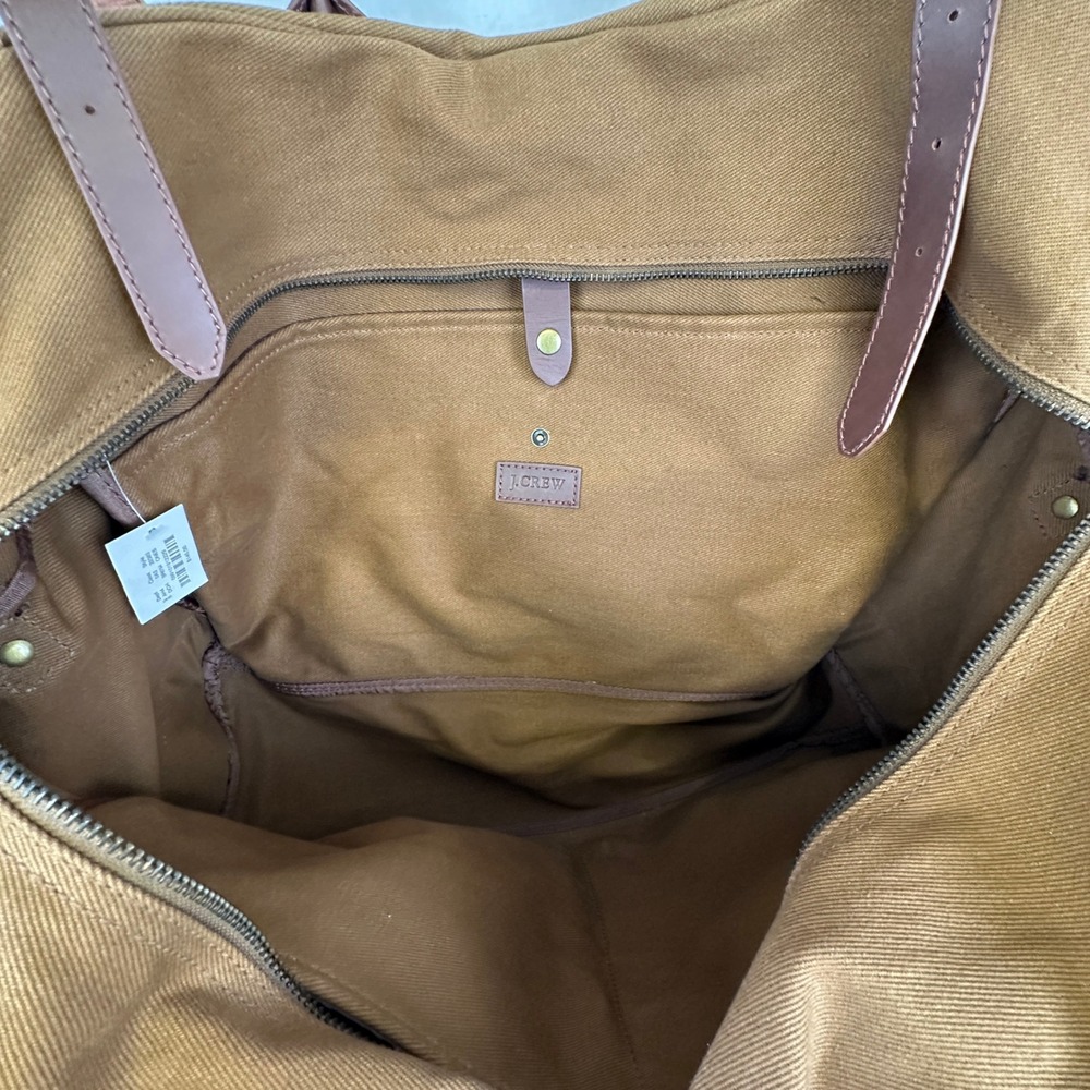 J.Crew Canvas Leather Weekender Duffel Brown Khaki Travel Bag OS - Picture 14 of 16